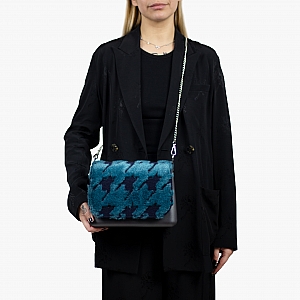 Жіноча сумка O bag glam | корпус графіт, фліп з орнаментом "pied de poule", ланцюг