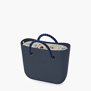 Жіноча сумка O bag classic | корпус темно-синій, підкладка польові квіти, короткі ручки-канати