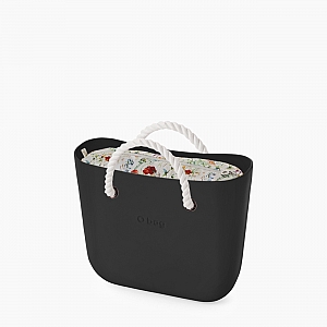 Жіноча сумка O bag classic | корпус чорний, підкладка польові квіти, короткі ручки-канати