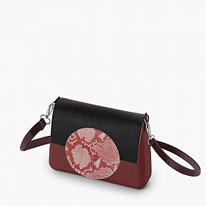 Жіноча сумка O bag glam | корпус бордо, фліп коло зі зміїним принтом, ремінець