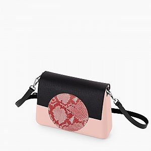 Жіноча сумка O bag glam | корпус рожевий дим, фліп коло зі зміїним принтом, ремінець