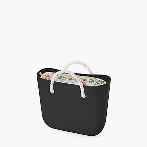 Жіноча сумка O bag mini | корпус чорний, підкладка польові квіти, короткі ручки-канати