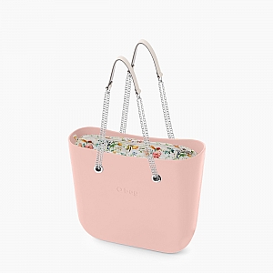 Жіноча сумка O bag mini | корпус рожевий дим, підкладка польові квіти, довгі ручки-ланцюжки