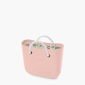 Жіноча сумка O bag mini | корпус рожевий дим, підкладка польові квіти, короткі ручки-канати