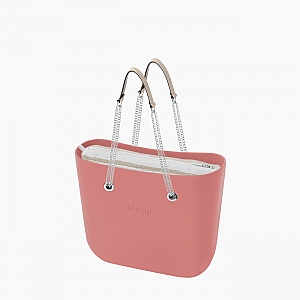 Жіноча сумка O bag mini | корпус лосось, підкладка з горизонтальною смужкою, довгі ручки-ланцюжки
