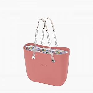 Жіноча сумка O bag mini | корпус лосось, підкладка з принтом квіти, довгі ручки-ланцюжки