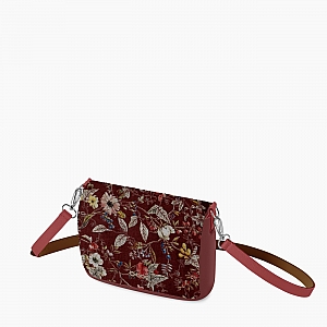 Жіноча сумка O pocket | корпус бордо, фліп вельвет "квіти", ремінець